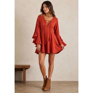 DO+BE Rust Lace-Up Tiered Bell Sleeve Mini Dress